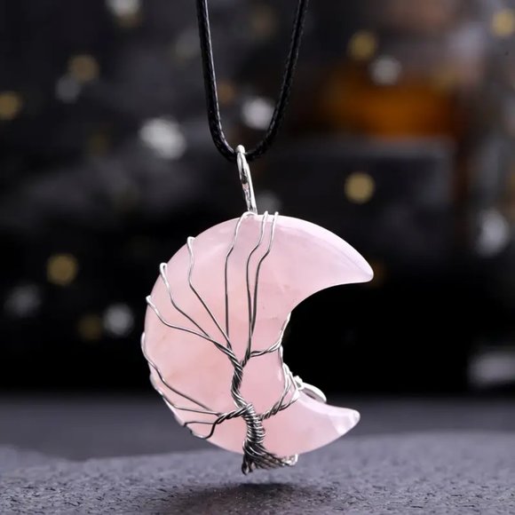 Rose Quartz Crescent Moon Natural Gemstone Tree Of Life Wire Wrap Pendant - Picture 2 of 2